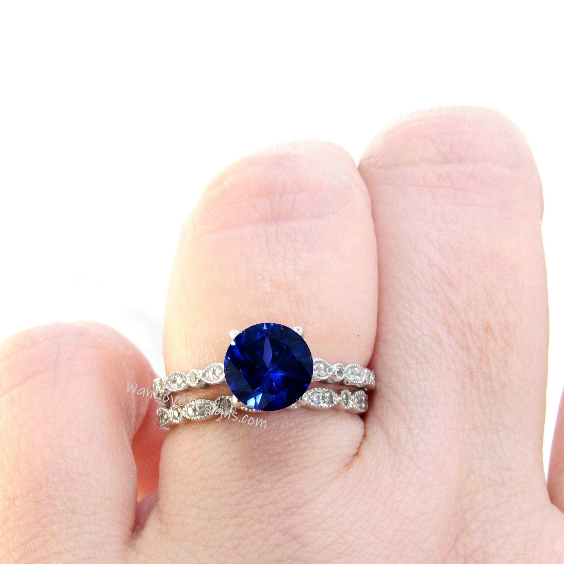 Blue Sapphire Round Diamonds WITH Milgrain Wedding Set Rings Rings, 14kt Solid Rose Gold, WanLoveDesigns Wan Love Designs