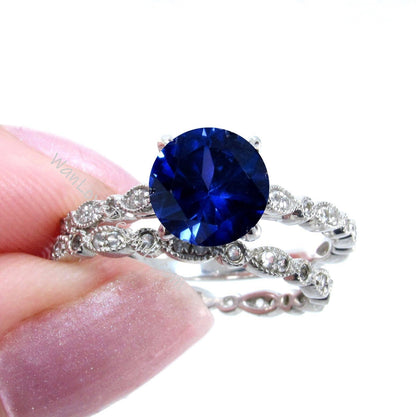 Blue Sapphire Round Diamonds WITH Milgrain Wedding Set Rings Rings, 14kt Solid Rose Gold, WanLoveDesigns Wan Love Designs