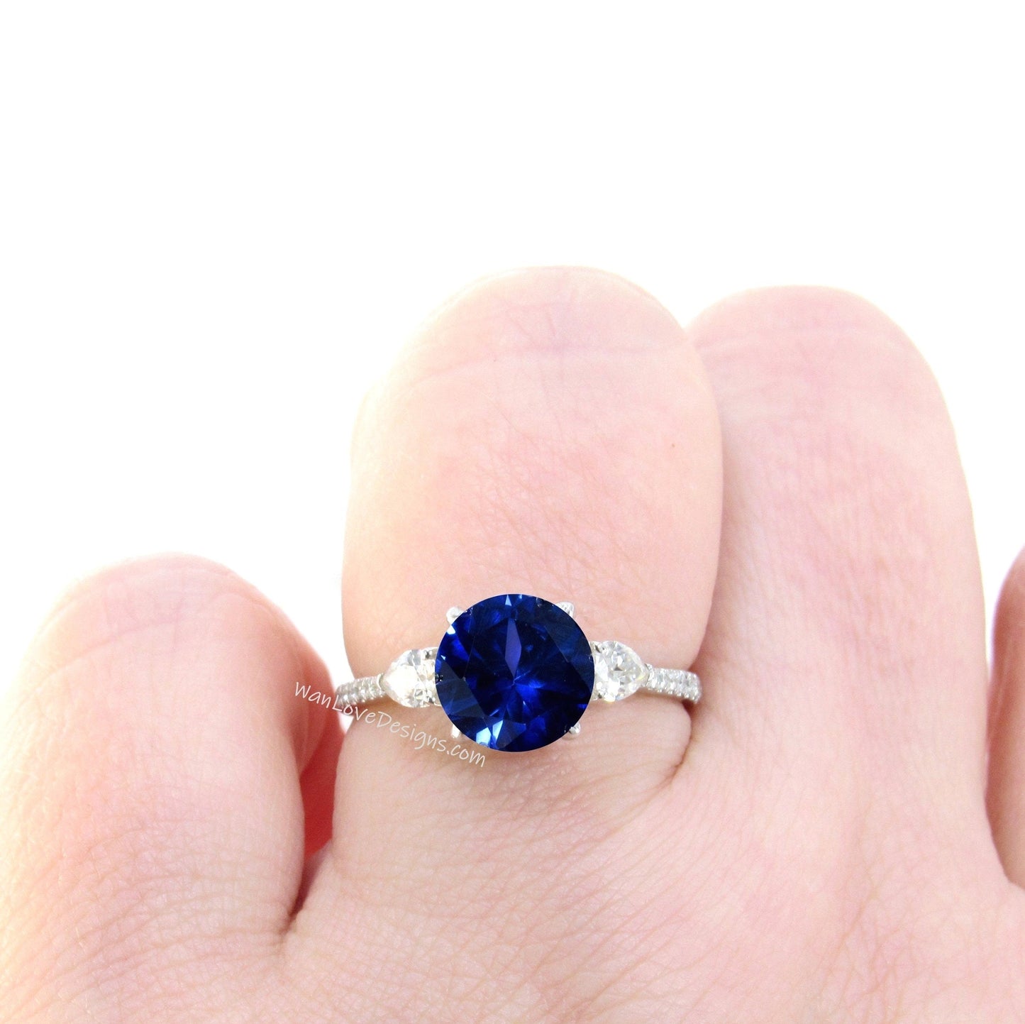 Blue Sapphire Round Pear Diamond Ring, Three Stone Moissanite Ring, Round sapphire engagement Ring, Diamond Band Ring Wan Love Designs