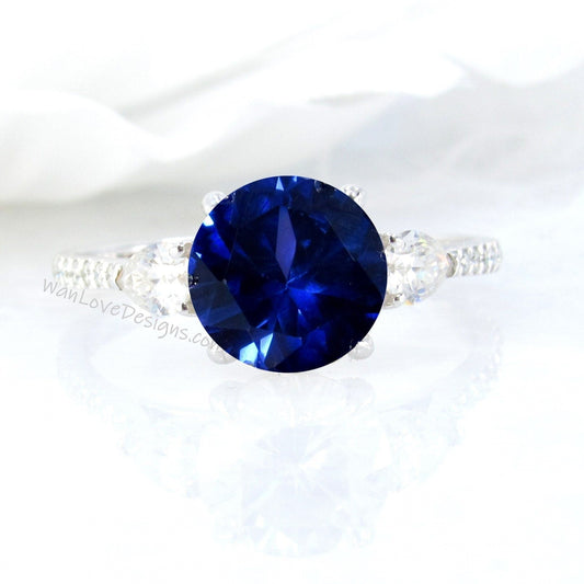 Blue Sapphire Round Pear Diamond Ring, Three Stone Moissanite Ring, Round sapphire engagement Ring, Diamond Band Ring Wan Love Designs