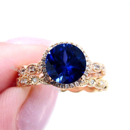 Blue Sapphire Sapphire Diamonds Round Halo WITH or WITHOUT Milgrain Wedding Set Rings Art Deco Rings, 14kt Solid Rose Gold bridal ring set Wan Love Designs