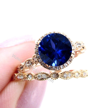 Blue Sapphire Sapphire Diamonds Round Halo WITH or WITHOUT Milgrain Wedding Set Rings Art Deco Rings, 14kt Solid Rose Gold bridal ring set Wan Love Designs