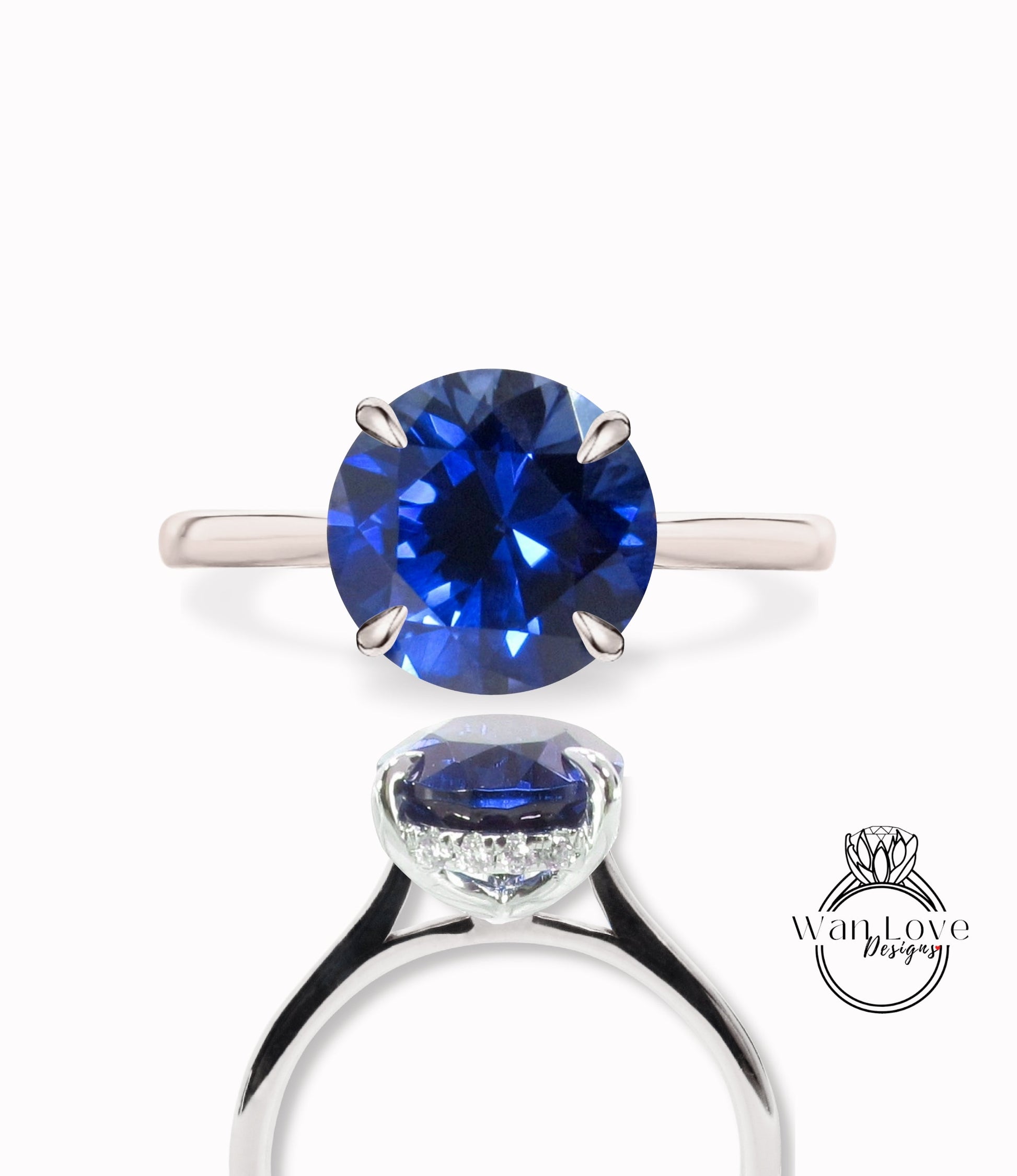 Blue Sapphire Side Halo Round Engagement Ring, Moissanite diamond art deco ring minimalist tapered Bridal Anniversary promise wedding Wan Love Designs