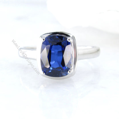 Blue Sapphire Solitaire Elongated Cushion Bezel prong Engagement Ring-3ct-9x7mm-Wedding-Aniversary Gift-Silver Rhodium-Ready to Ship Wan Love Designs