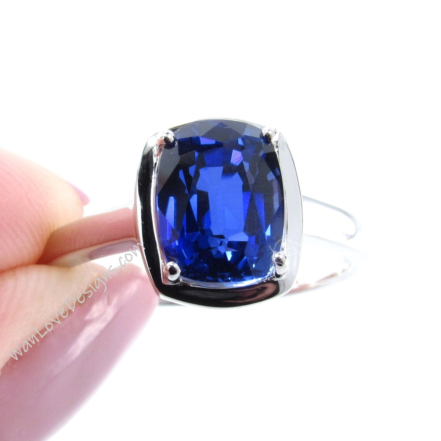 Blue Sapphire Solitaire Elongated Cushion Bezel prong Engagement Ring-3ct-9x7mm-Wedding-Aniversary Gift-Silver Rhodium-Ready to Ship Wan Love Designs