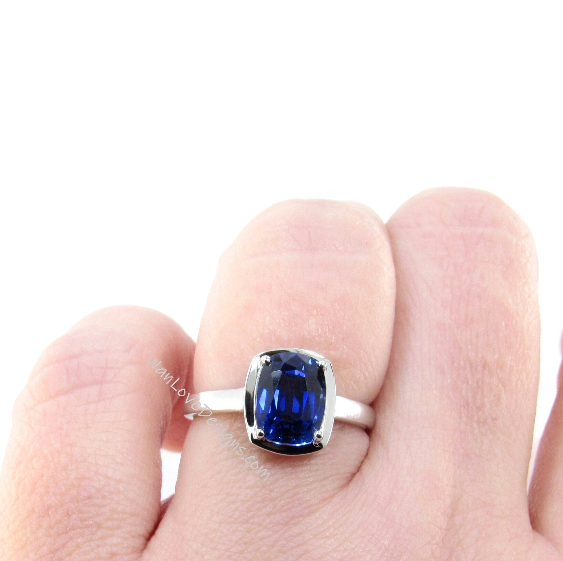 Blue Sapphire Solitaire Elongated Cushion Bezel prong Engagement Ring-3ct-9x7mm-Wedding-Aniversary Gift-Silver Rhodium-Ready to Ship Wan Love Designs