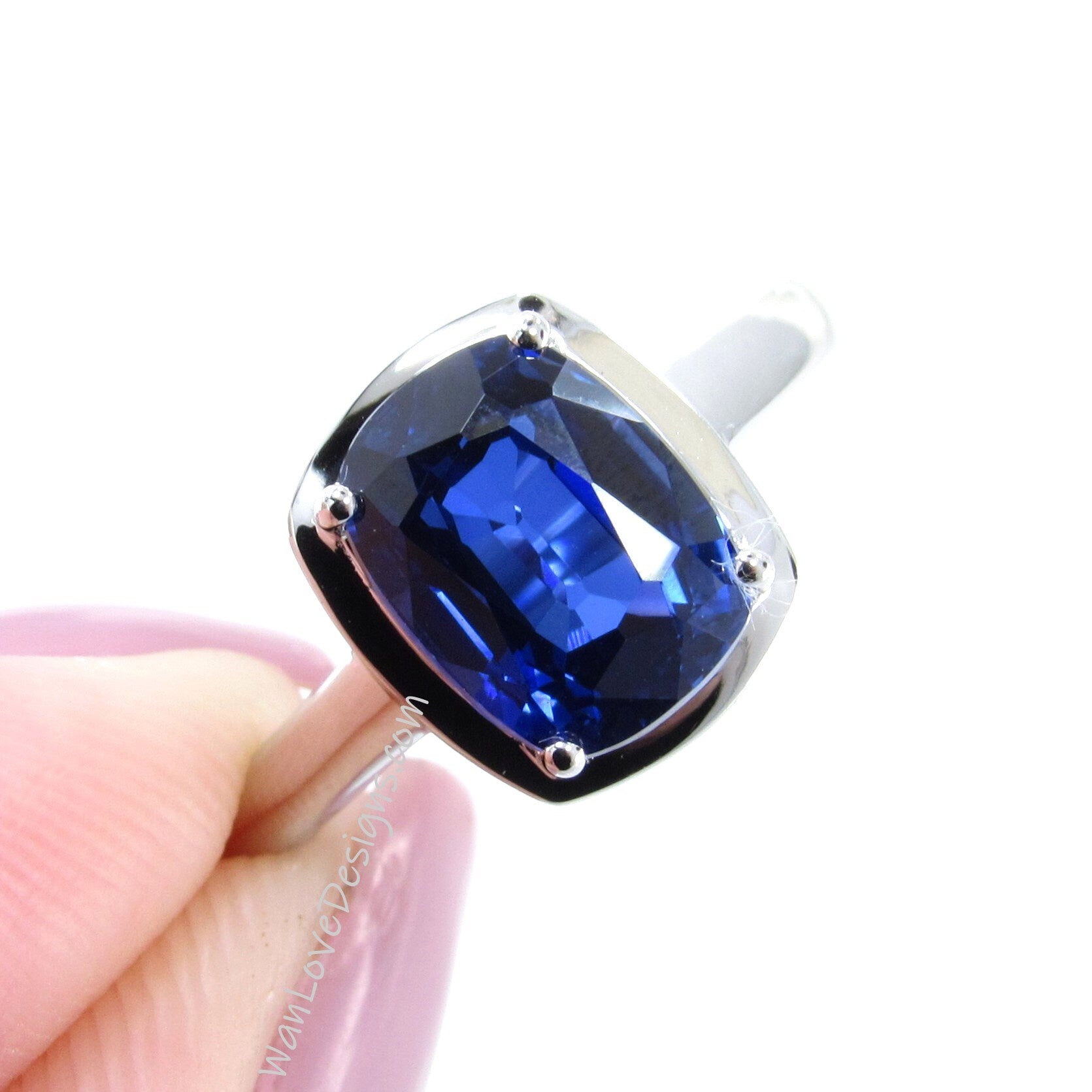 Blue Sapphire Solitaire Elongated Cushion Bezel prong Engagement Ring-3ct-9x7mm-Wedding-Aniversary Gift-Silver Rhodium-Ready to Ship Wan Love Designs