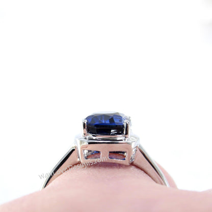 Blue Sapphire Solitaire Elongated Cushion Bezel prong Engagement Ring-3ct-9x7mm-Wedding-Aniversary Gift-Silver Rhodium-Ready to Ship Wan Love Designs