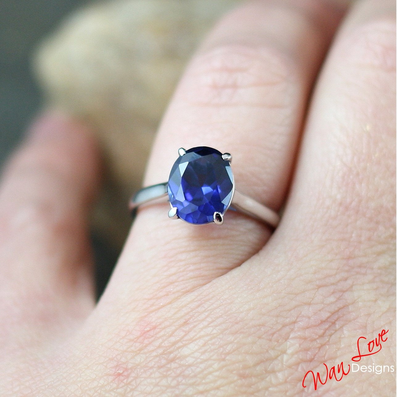 Blue Sapphire Solitaire Oval Engagement Ring, 14k 18k White Yellow Rose Gold-Platinum-Custom made-Wedding-Anniversary-Cathedral Wan Love Designs