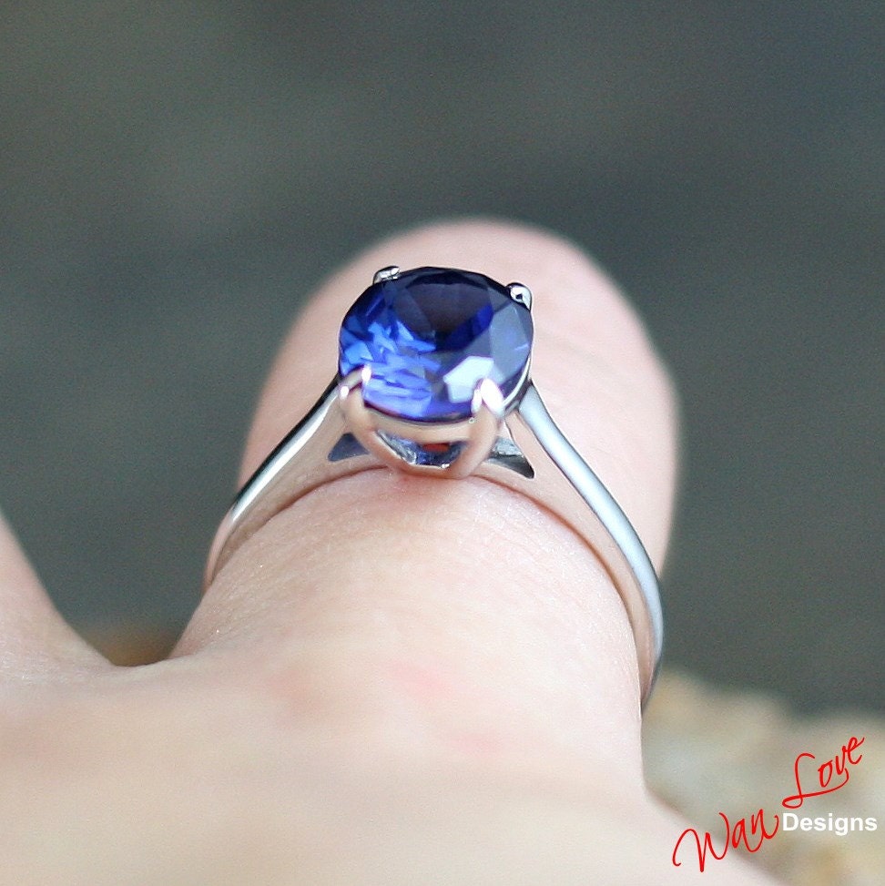 Blue Sapphire Solitaire Oval Engagement Ring, 14k 18k White Yellow Rose Gold-Platinum-Custom made-Wedding-Anniversary-Cathedral Wan Love Designs