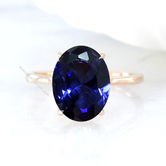 Blue Sapphire Solitaire Oval Engagement Ring, 14k 18k White Yellow Rose Gold-Platinum-Custom made-Wedding-Anniversary-Cathedral Wan Love Designs
