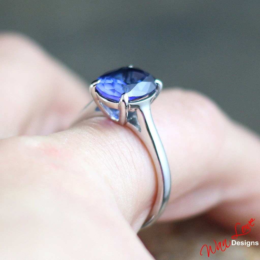 Blue Sapphire Solitaire Oval Engagement Ring, 14k 18k White Yellow Rose Gold-Platinum-Custom made-Wedding-Anniversary-Cathedral Wan Love Designs