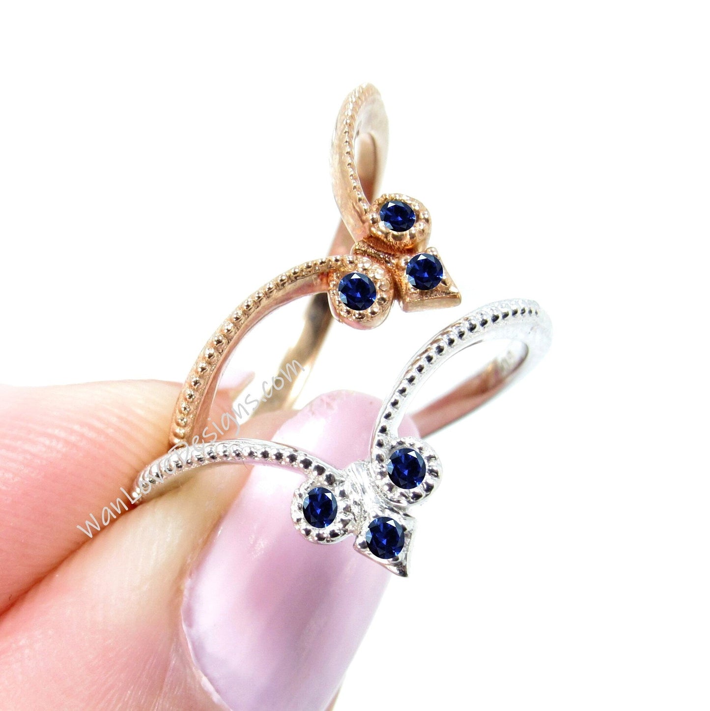 Blue Sapphire Wedding Band, Milgrain V Shape Ring, Filigree Crown Band, Curved Birthstone Ring,Fleur de Lis Minimalist Ring,Anniversary Gift Wan Love Designs