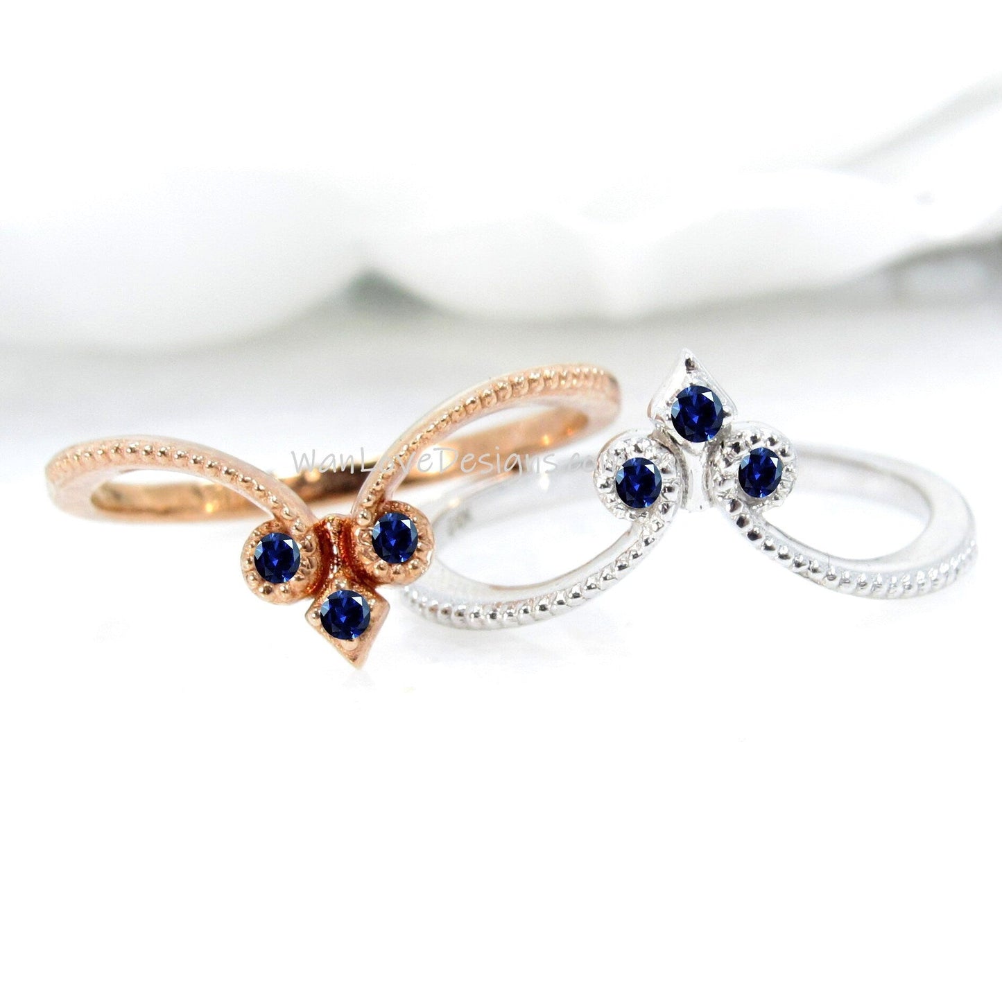 Blue Sapphire Wedding Band, Milgrain V Shape Ring, Filigree Crown Band, Curved Birthstone Ring,Fleur de Lis Minimalist Ring,Anniversary Gift Wan Love Designs