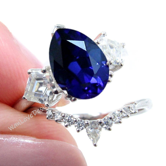 Blue Sapphire cluster pear kite engagement ring, cluster ring, moissanite ring, moissanite kite ring, unique engagement ring, Bridal Set Wan Love Designs