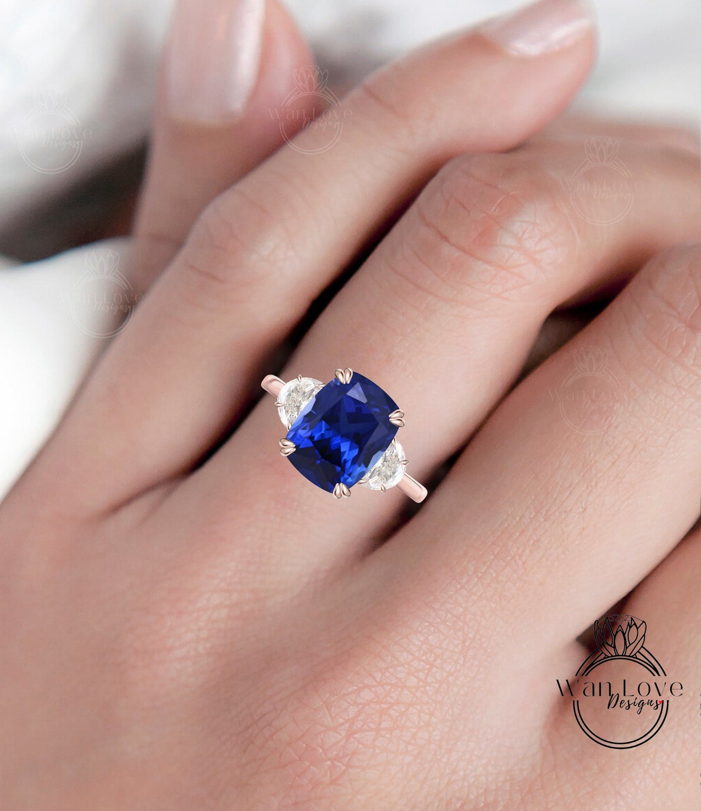 Blue Sapphire engagement ring cushion cut half moon Moissanite diamond rose gold art deco diamond three stone ring wedding Bridal Anniversary Wan Love Designs