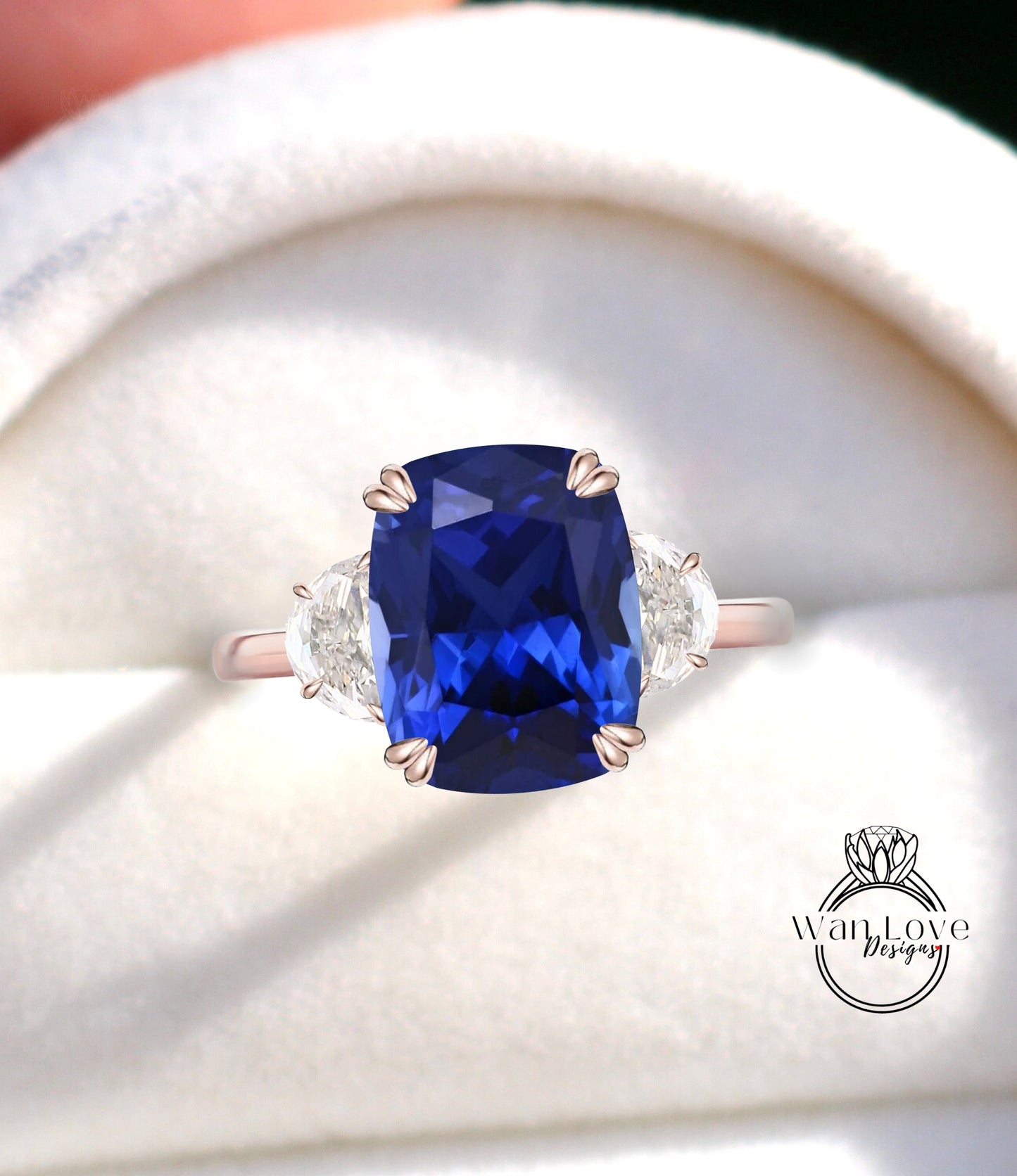 Blue Sapphire engagement ring cushion cut half moon Moissanite diamond rose gold art deco diamond three stone ring wedding Bridal Anniversary Wan Love Designs