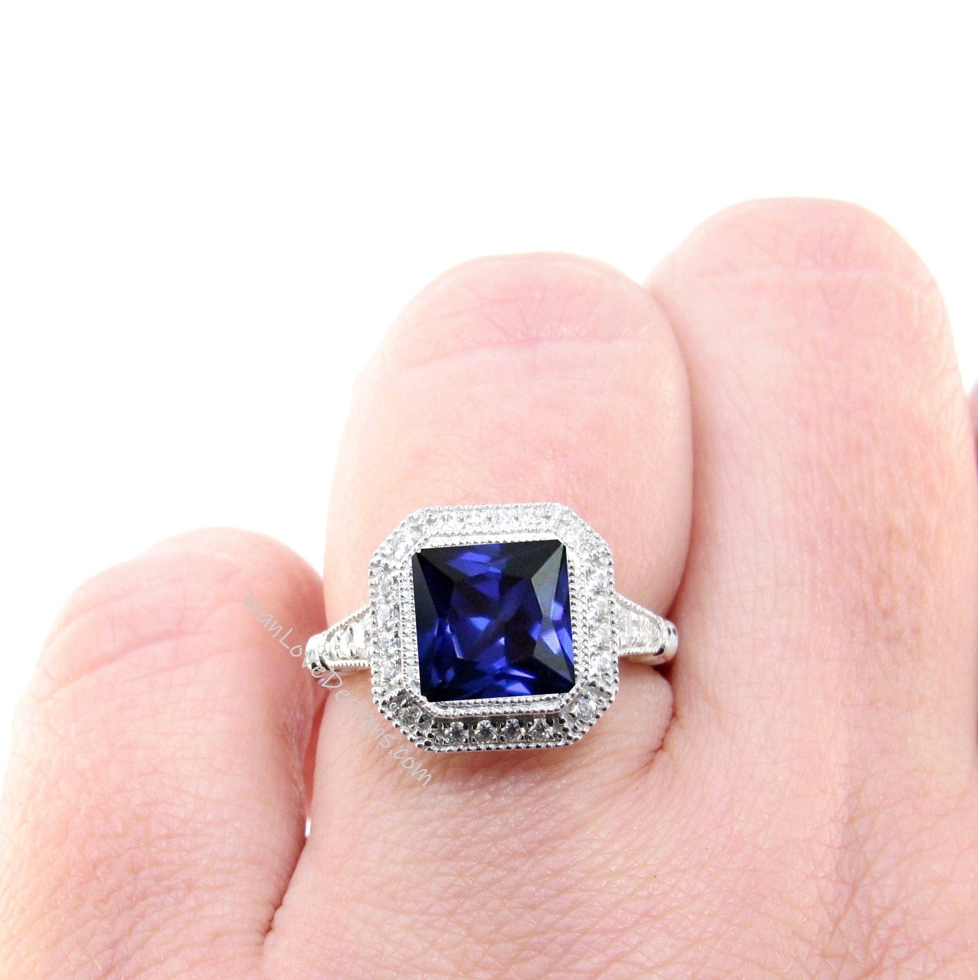 Blue Sapphire engagement ring gold vintage Art Deco Bezel Halo engagement ring women Antique diamond Wedding Milgrain Bridal Anniversary Wan Love Designs