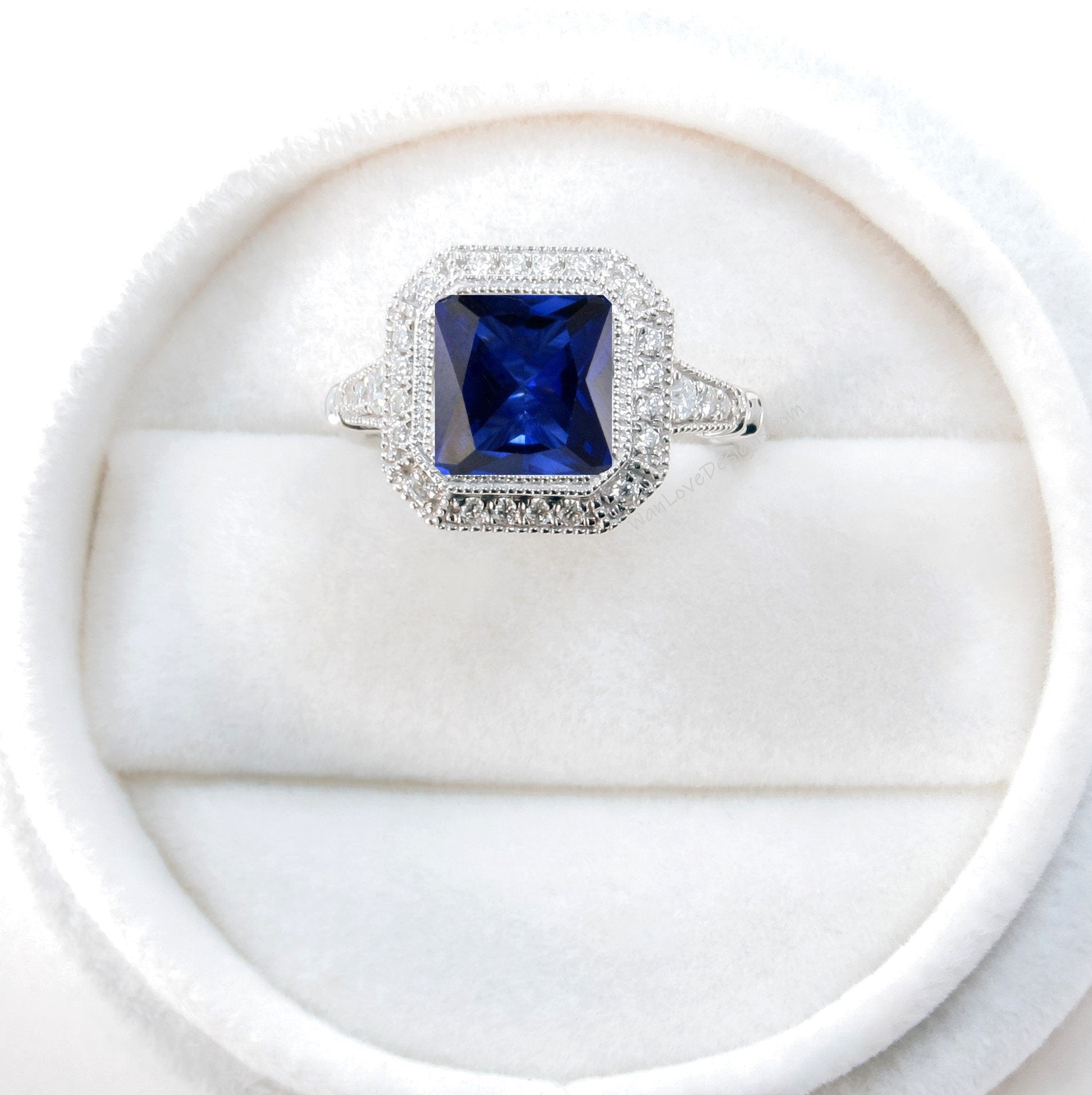 Blue Sapphire engagement ring gold vintage Art Deco Bezel Halo engagement ring women Antique diamond Wedding Milgrain Bridal Anniversary Wan Love Designs