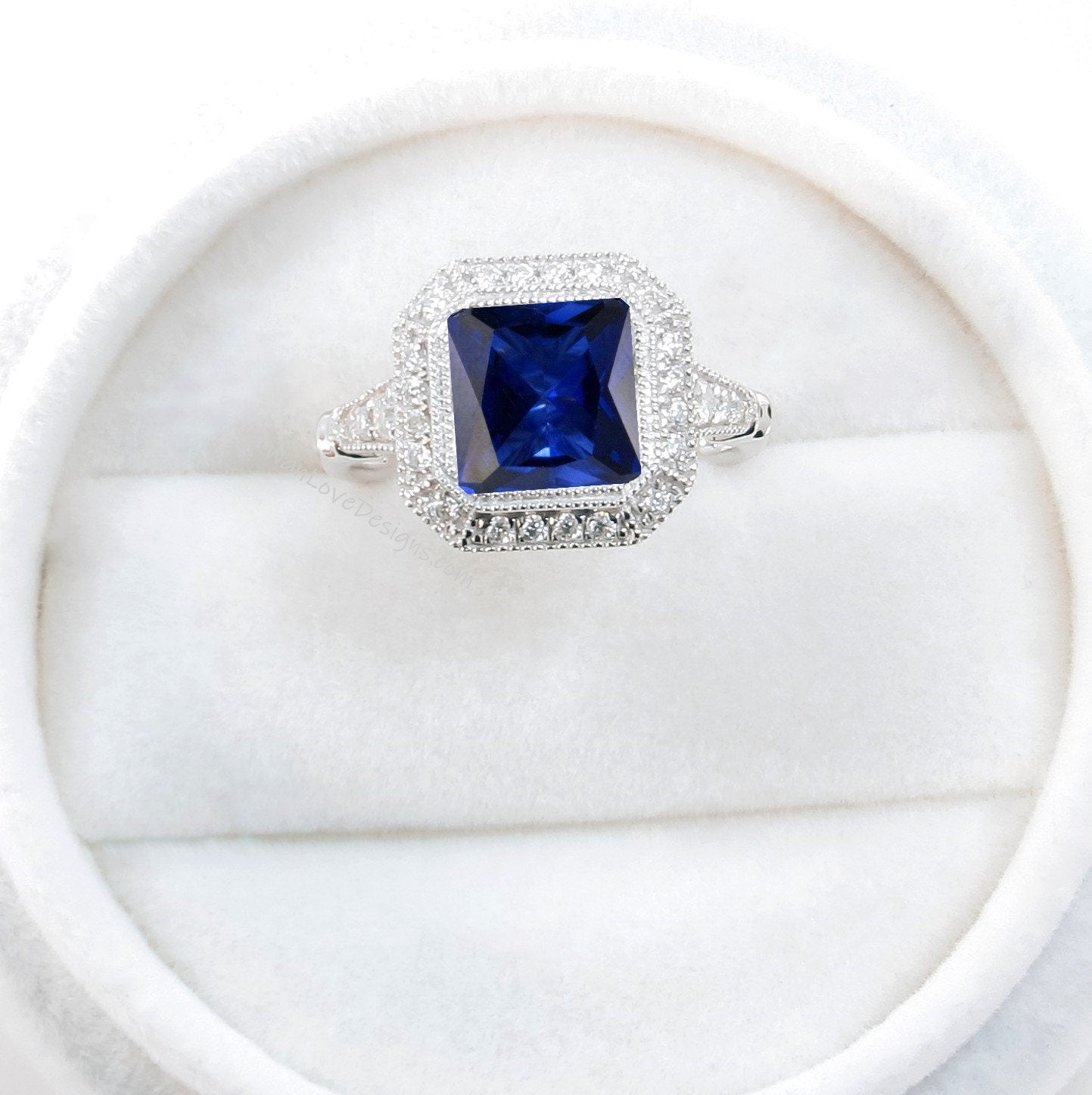 Blue Sapphire engagement ring gold vintage Art Deco Bezel Halo engagement ring women Antique diamond Wedding Milgrain Bridal Anniversary Wan Love Designs