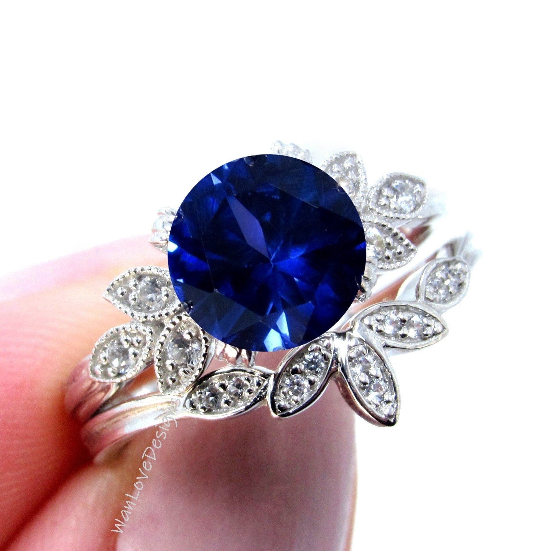 Blue Sapphire engagement ring set white gold Unique Round cut Cluster Diamond milgrain leaf women vintage wedding band Anniversary set Wan Love Designs