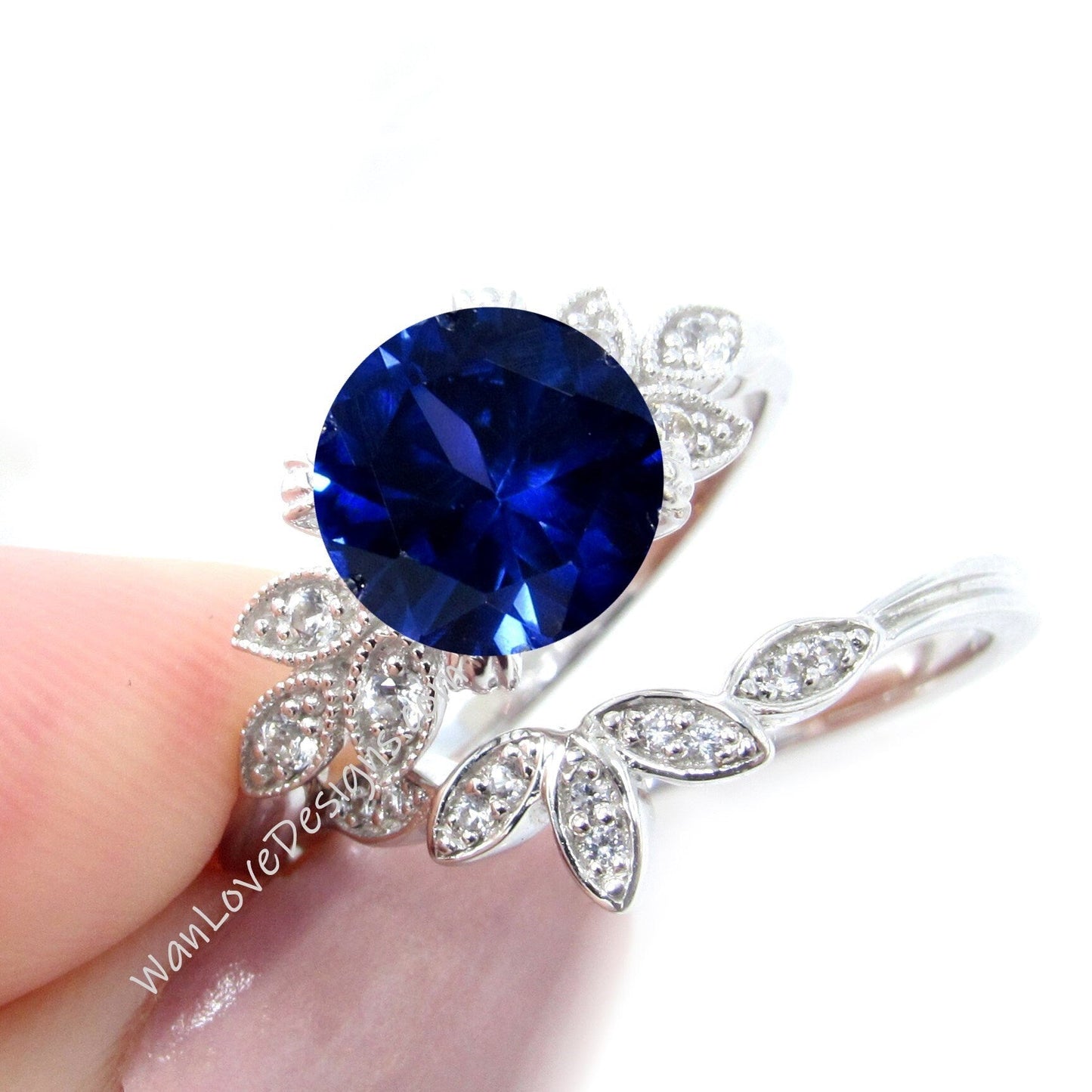 Blue Sapphire engagement ring set white gold Unique Round cut Cluster Diamond milgrain leaf women vintage wedding band Anniversary set Wan Love Designs