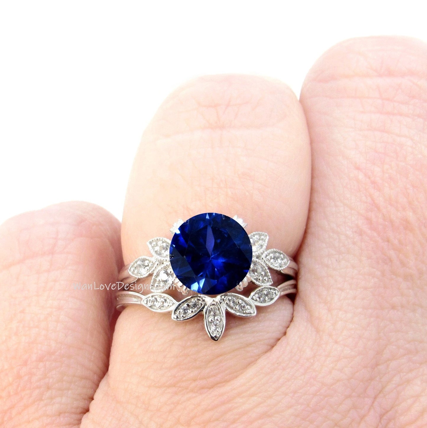 Blue Sapphire engagement ring set white gold Unique Round cut Cluster Diamond milgrain leaf women vintage wedding band Anniversary set Wan Love Designs