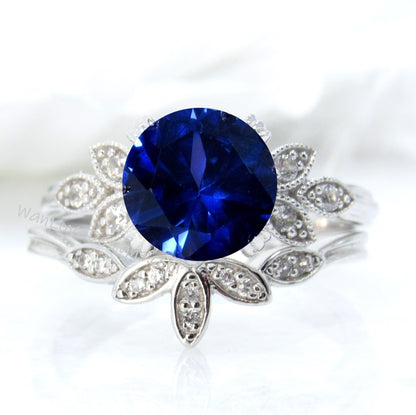 Blue Sapphire engagement ring set white gold Unique Round cut Cluster Diamond milgrain leaf women vintage wedding band Anniversary set Wan Love Designs