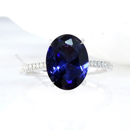 Blue Sapphire engagement ring unique Vintage oval cut diamond side halo white gold wedding Bridal birthstone Anniversary promise ring gift Wan Love Designs