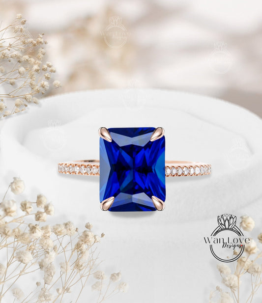 Blue Sapphire engagement ring vintage ring emerald sapphire rose gold ring solitaire art deco ring bridal wedding ring Anniversary ring gift Wan Love Designs