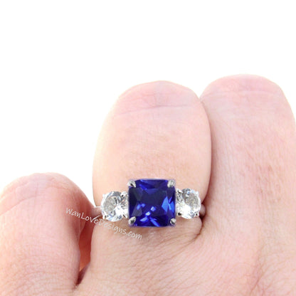 Blue & White Sapphire 3 Stone Cushion Round Engagement Ring, 14k 18k White Yellow Rose Gold-Platinum-Custom-Weding-Anniversary GIft Wan Love Designs