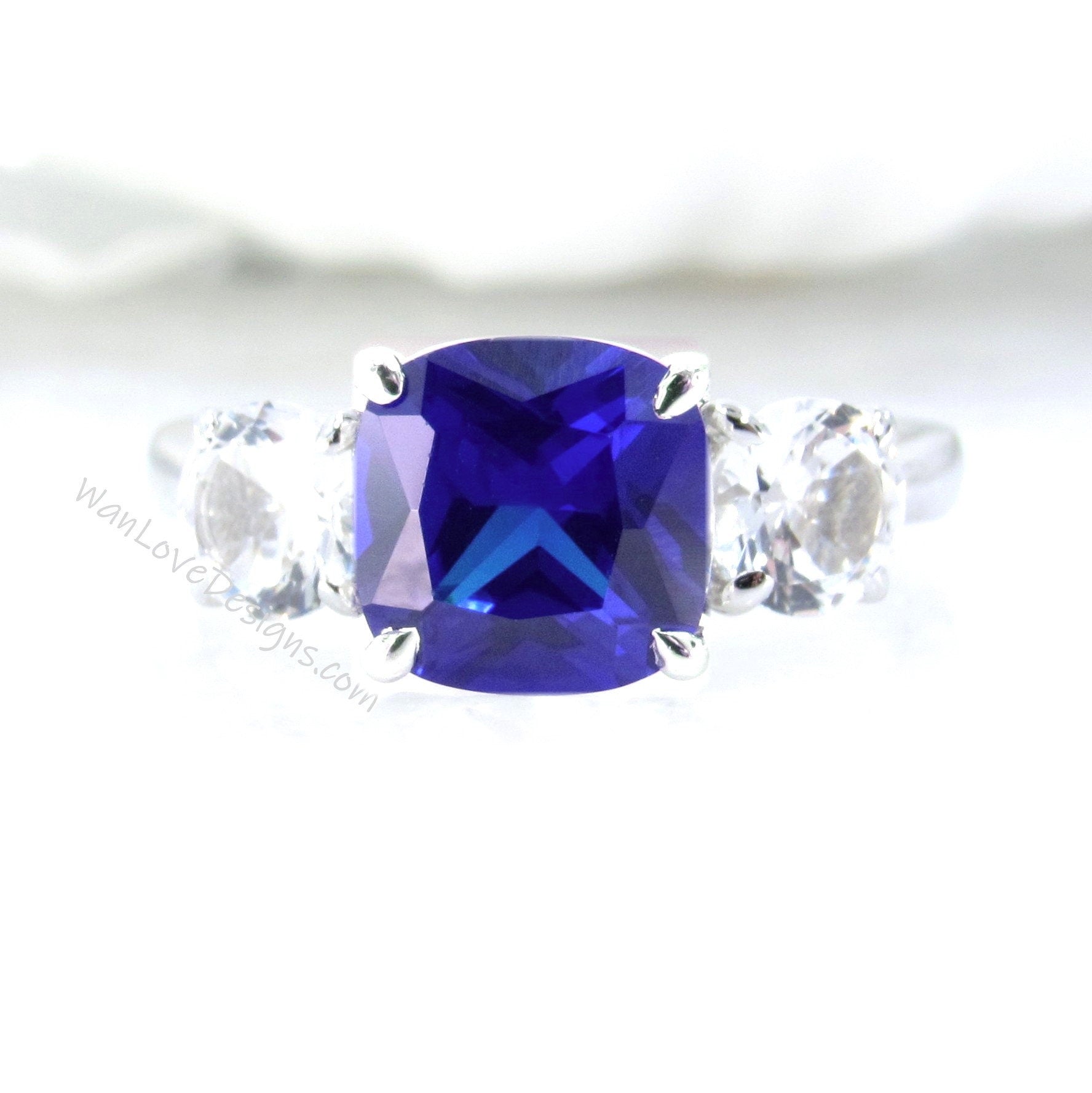 Blue & White Sapphire 3 Stone Cushion Round Engagement Ring, 14k 18k White Yellow Rose Gold-Platinum-Custom-Weding-Anniversary GIft Wan Love Designs