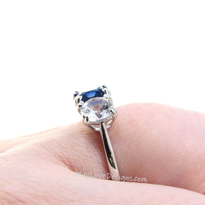 Blue & White Sapphire 3 Stone Cushion Round Engagement Ring-Round-1.5ct-1ct-6mm-14k-18kWhite Yellow Rose Gold-Platinum-Custom-Anniversary Wan Love Designs