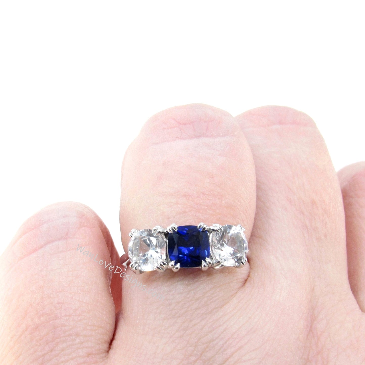 Blue & White Sapphire 3 Stone Cushion Round Engagement Ring-Round-1.5ct-1ct-6mm-925 Silver w Rhodium-Custom-Anniversary Gift-Ready to Ship Wan Love Designs