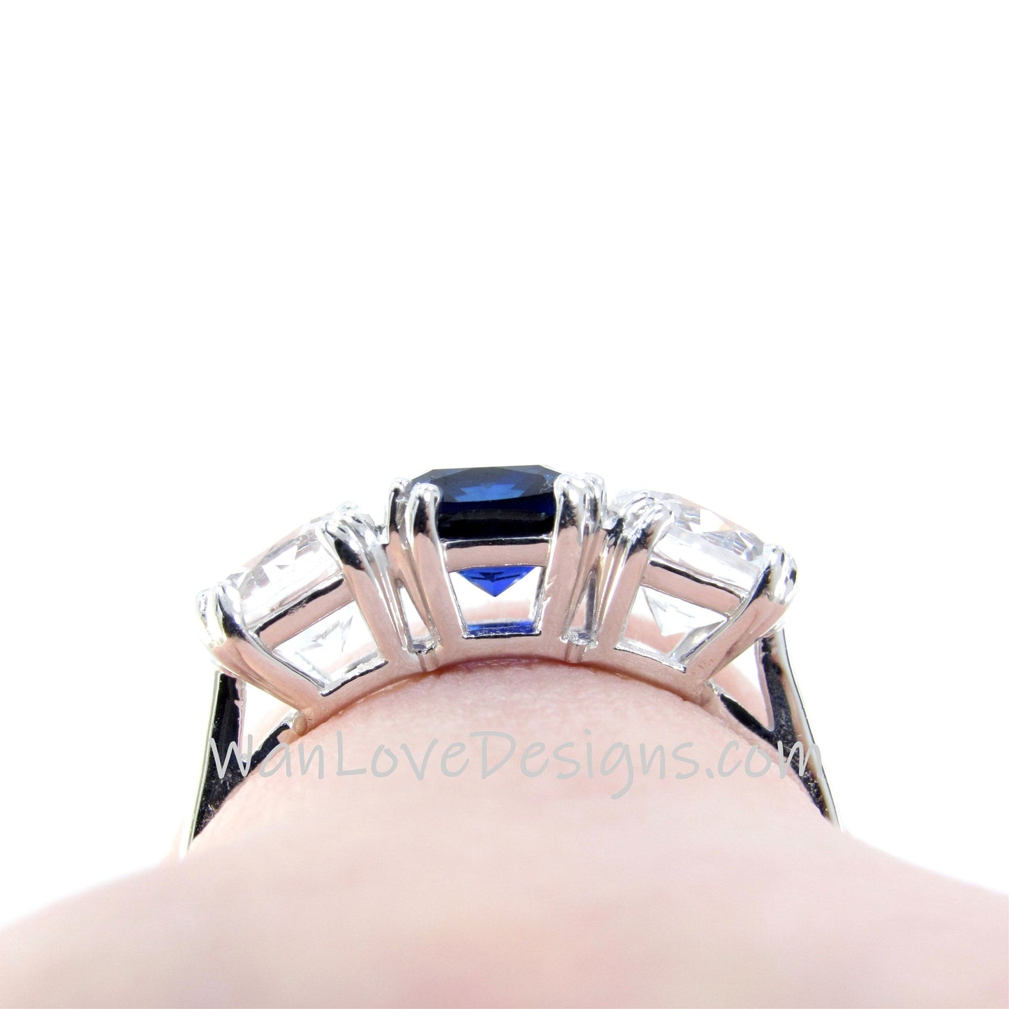Blue & White Sapphire 3 Stone Cushion Round Engagement Ring-Round-1.5ct-1ct-6mm-925 Silver w Rhodium-Custom-Anniversary Gift-Ready to Ship Wan Love Designs