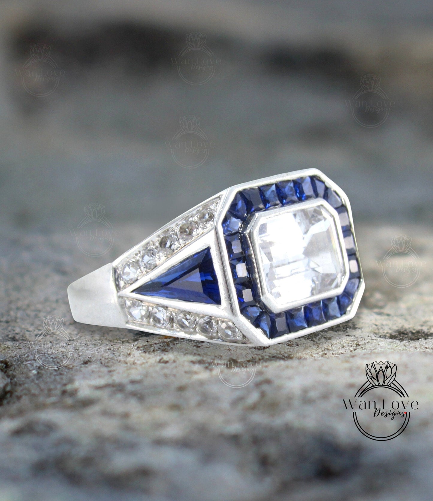 Blue & White Sapphire Mens Ring Art Deco Bezel Wedding Band unique Mans 3ct Emerald Ring mans Engagement anniversary ring gift for him Ready Wan Love Designs