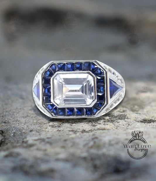 Blue & White Sapphire Mens Ring Art Deco Bezel Wedding Band unique Mans 3ct Emerald Ring mans Engagement anniversary ring gift for him Ready Wan Love Designs