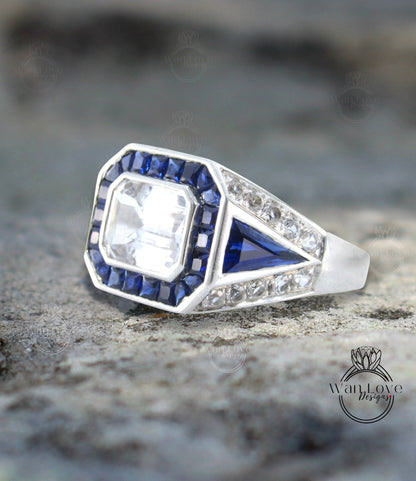 Blue & White Sapphire Mens Ring Art Deco Bezel Wedding Band unique Mans 3ct Emerald Ring mans Engagement anniversary ring gift for him Ready Wan Love Designs