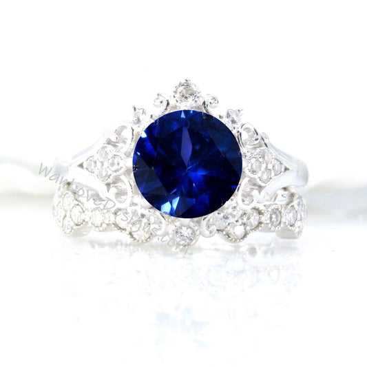 Blue White Sapphire Ornate Halo Engagement Ring Set, Floral Quatrefoil Wedding Band, Vintage Round Halo, 2ct-8mm-Custom-Wedding-Anniversary Wan Love Designs