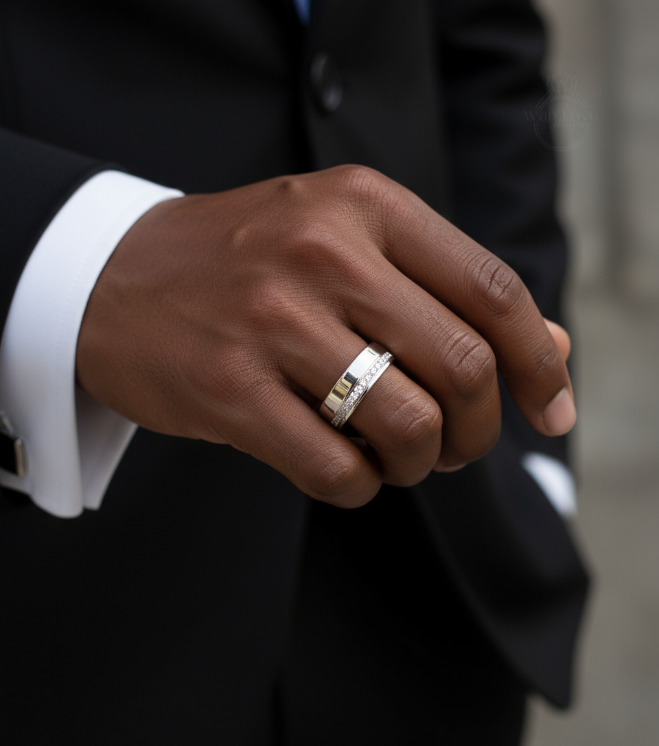 Diamond Mens Wedding Band, Bottom or Top row gems Cigar Band, 14k White Rose Gold Ring, Mens Band, Mans Birthstone Commitment Band