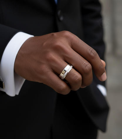 Diamond Mens Wedding Band, Bottom or Top row gems Cigar Band, 14k White Rose Gold Ring, Mens Band, Mans Birthstone Commitment Band