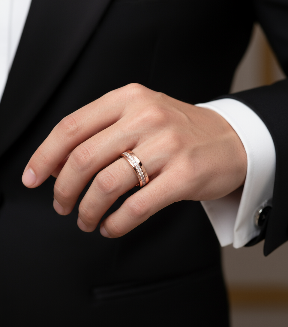 Diamond Mens Wedding Band, Bottom or Top row gems Cigar Band, 14k White Rose Gold Ring, Mens Band, Mans Birthstone Commitment Band