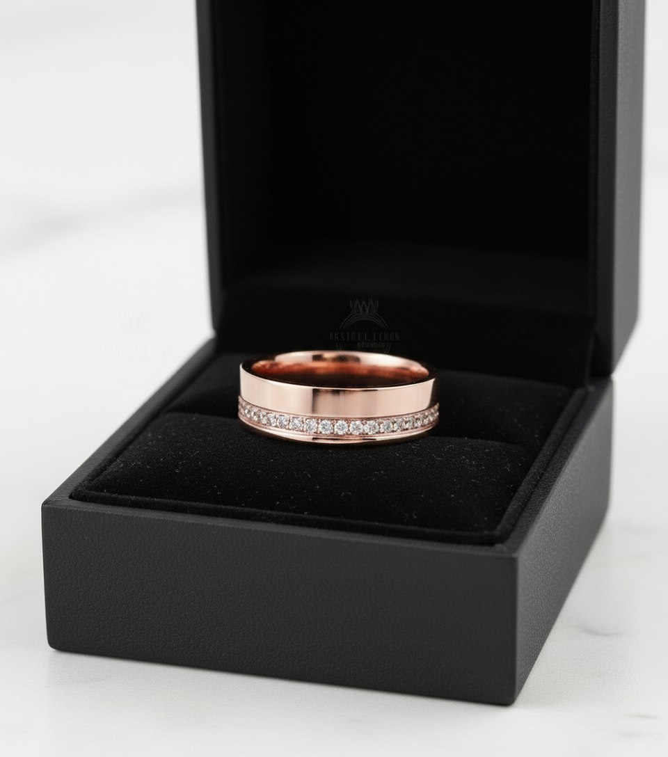 Diamond Mens Wedding Band, Bottom or Top row gems Cigar Band, 14k White Rose Gold Ring, Mens Band, Mans Birthstone Commitment Band