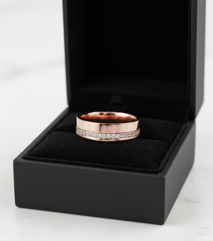 Diamond Mens Wedding Band, Bottom or Top row gems Cigar Band, 14k White Rose Gold Ring, Mens Band, Mans Birthstone Commitment Band