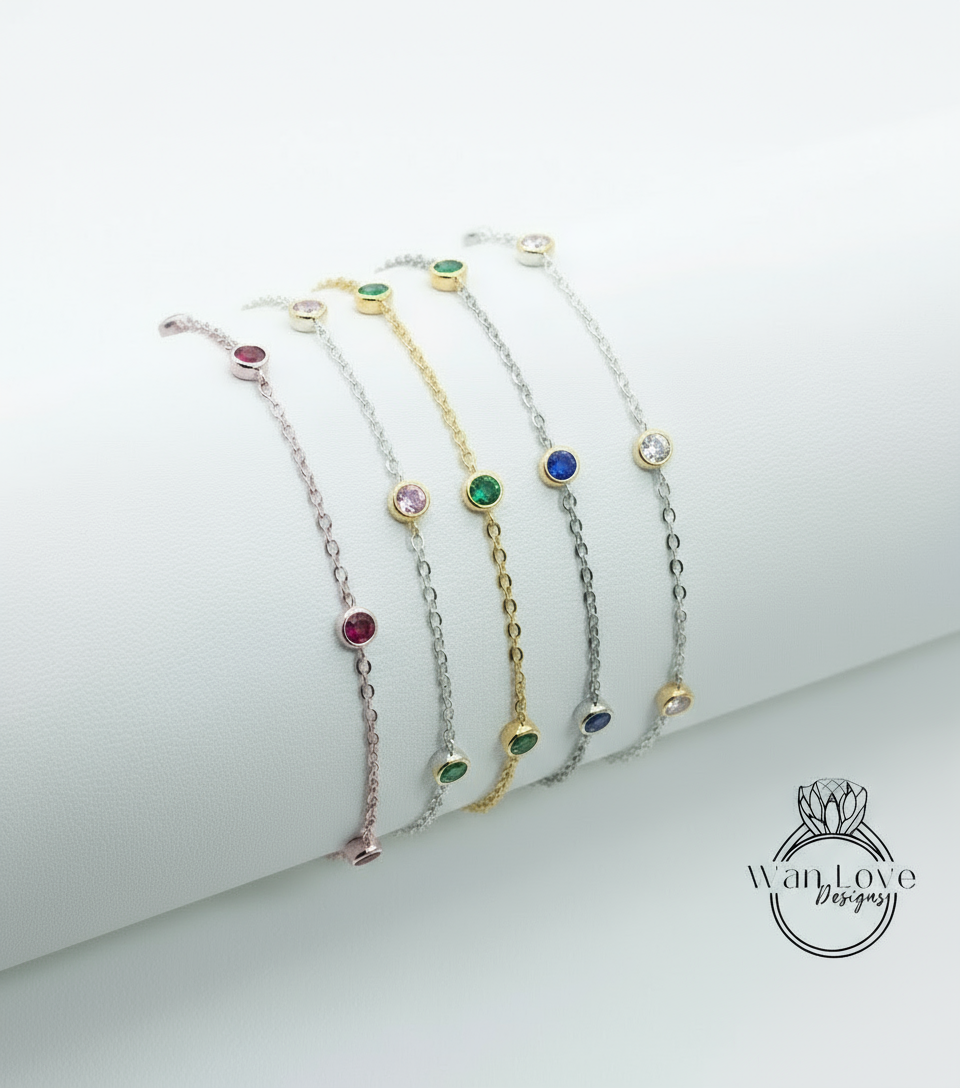 Diamond By the Yard Bracelet / 5 Diamond Station Bracelet / 14k Rose Gold Diamond Bracelet/ Birthstone Bezel Set Bracelet / Gift for her