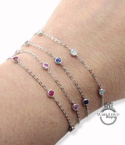 Diamond By the Yard Bracelet / 5 Diamond Station Bracelet / 14k Rose Gold Diamond Bracelet/ Birthstone Bezel Set Bracelet / Gift for her