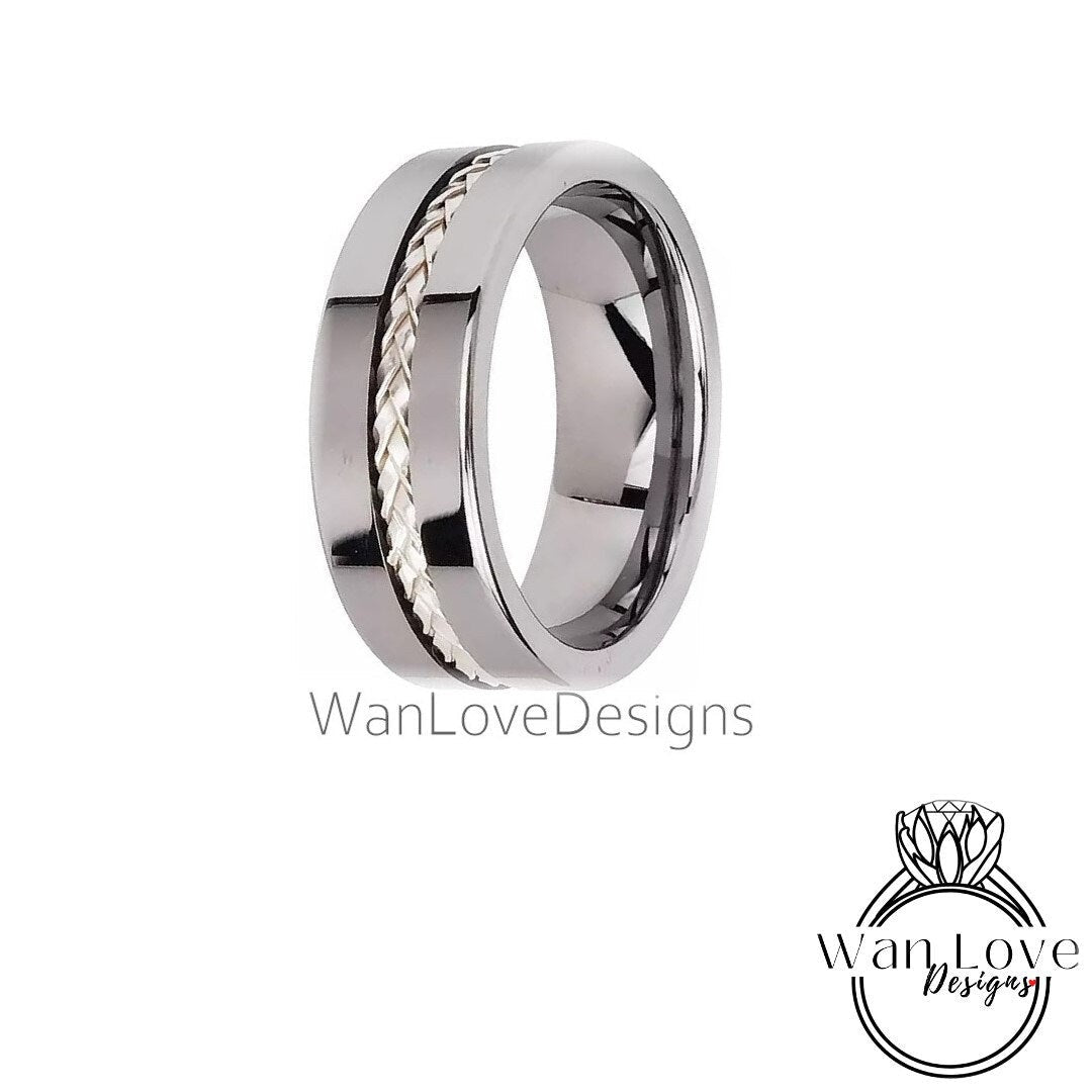 Braided Silver Tungsten Wedding Band Ring - Mens Brushed Tungsten Silver Wedding Band - Braid strip, Mens 8mm Ring, Tungsten Wedding Ring Wan Love Designs