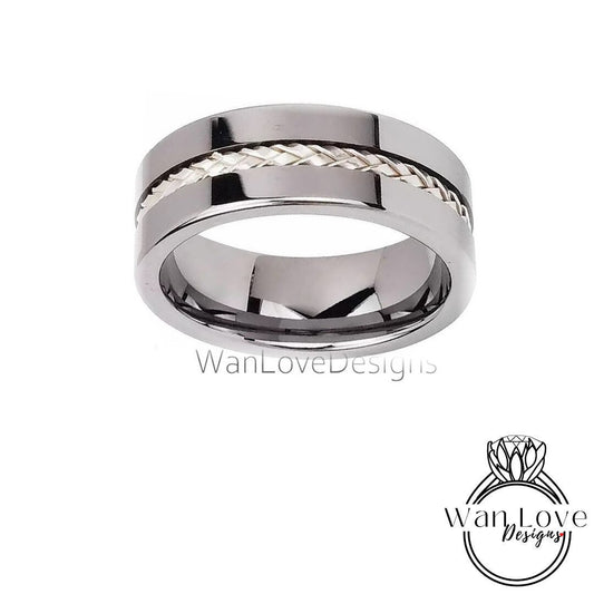 Braided Silver Tungsten Wedding Band Ring - Mens Brushed Tungsten Silver Wedding Band - Braid strip, Mens 8mm Ring, Tungsten Wedding Ring Wan Love Designs