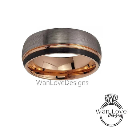 Brushed Tungsten Ring with Black & Rose Gold - Mens Brushed Silver Wedding Band - Rose gold stripe Ring, Mens 8mm Ring,Tungsten Wedding Ring Wan Love Designs