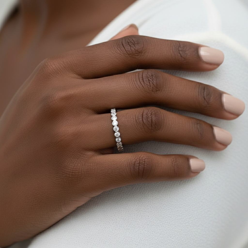 Simple Bezel Round Cut Diamond Wedding Bands/ 14K Gold Rings/ Moissanite Matching Bands/ Bridal Stacking Rings/ BirthStone Choice Rings